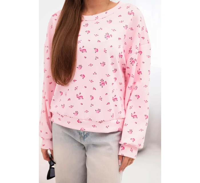 Dámská viskózová mikina s model 21924553 květy a dlouhým rukávem cukrově růžová - K-Fashion