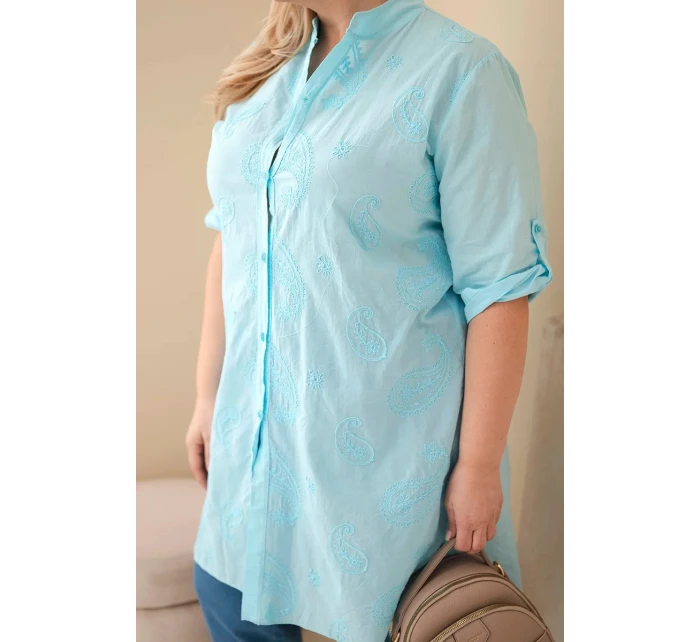 Dámské šaty Plus Size s výšivkou a ohrnutým rukávem mátová