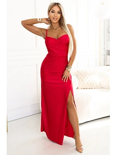 model 22100400 Přiléhavé dlouhé maxi šaty s obálkovým výstřihem a rozparkem červené - numoco basic