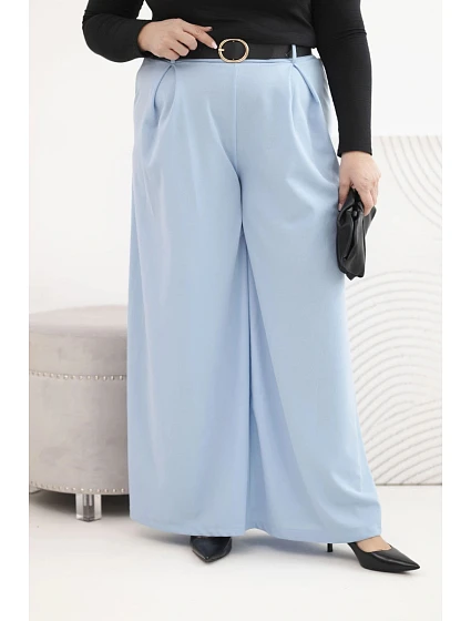 Dámské kalhoty Plus Size se širokou nohavicí a páskem modré Dámské kalhoty Plus Size se širokou nohavicí a páskem modré