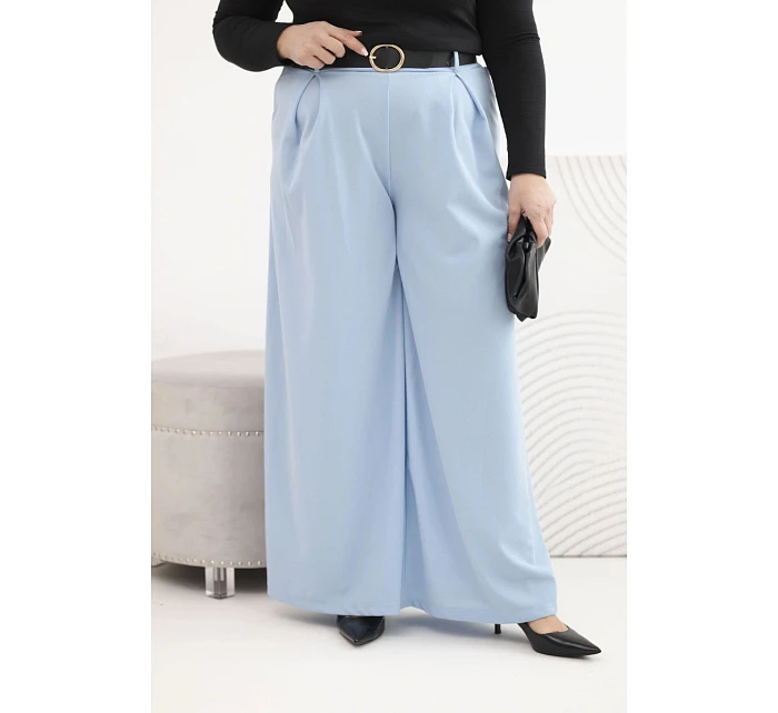 Dámské kalhoty Plus Size se širokou nohavicí a páskem modré