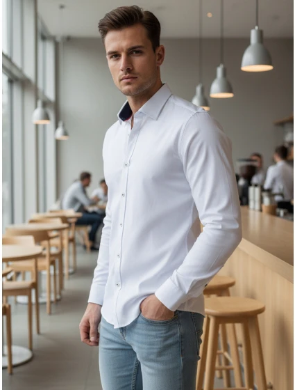 Pánská elegantní hladká bílá košile SLIM FIT FashionStreet DX2618 Pánská elegantní hladká bílá košile SLIM FIT FashionStreet DX2618