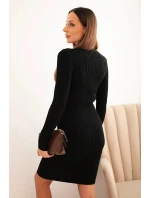 Dámská viskózová pruhovaná šaty s dlouhým rukávem a stojáčkem černá