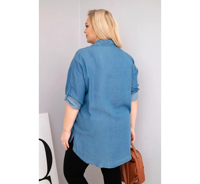 Dámská košile Plus Size z lyocellu s prodlouženým zadním dílem a rukávem na knoflík džínová
