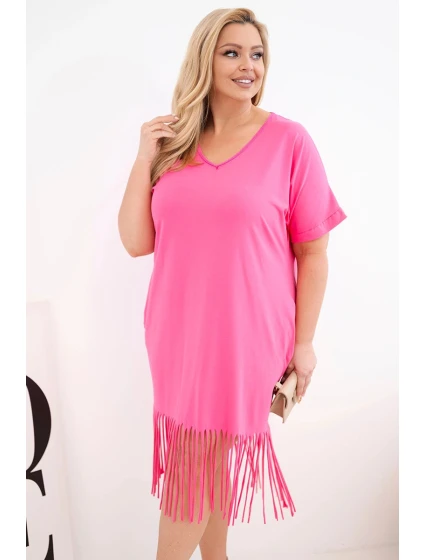 Dámské bavlněné šaty s výstřihem do V a třásněmi na spodním model 22036043 růžové - K-Fashion