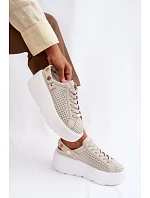 Kožené síťované dámské tenisky na platformě s páskem na podpatku D&A LR61-7088 béžové