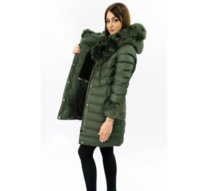 Prošívaná dámská zimní bunda v khaki barvě s kapucí (w750-1)