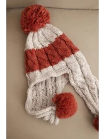 Dámská zimní čepice vlněná s bambulkami a ušima K447 béžová + hnědá