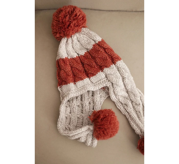 Dámská zimní čepice vlněná s bambulkami a ušima K447 béžová + hnědá