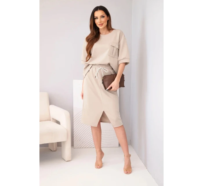 Dámský komplet s halenkou a midi sukní máslový fango