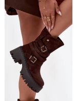 Dámské kotníkové boty na robustním podpatku s přezkami a páskem čokoládové Nerelisa Dámské kotníkové boty na robustním podpatku s přezkami a páskem čokoládové Nerelisa