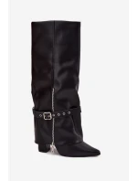 Dámské kozačky nad koleno na sloupkovém podpatku s ozdobným páskem Jolivine – černé