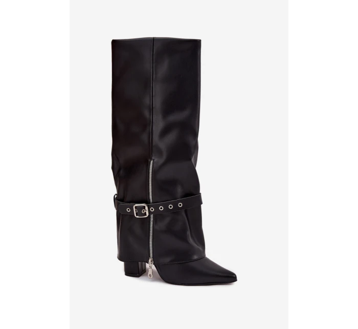 Dámské kozačky nad koleno na sloupkovém podpatku s ozdobným páskem Jolivine – černé