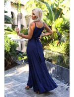 JULIET - Tmavě modré elegantní dlouhé lesklé dámské šaty s brokátem, výstřihem a s rozparkem na noze 512-7