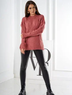 Svetr model 18970331 přes hlavu s módní vazbou tmavě růžová - K-Fashion