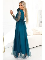 664-2 Dlouhé maxi šaty s tylovými rukávy a obálkovým výstřihem - lahvově zelené 664-2 Dlouhé maxi šaty s tylovými rukávy a obálkovým výstřihem - lahvově zelené