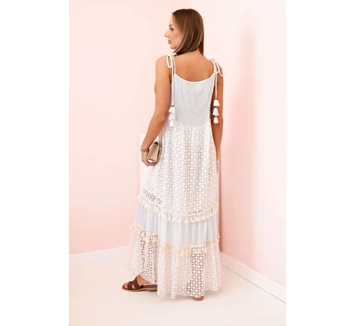 Dámské boho šaty s ramínky s výšivkou a krajkou modrý