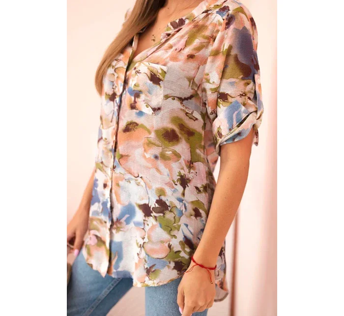 Dámská viskózová košile s 3/4 rukávy v akvarelovém vzoru béžová