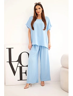 Dámský komplet Plus Size halenka a kalhoty s širokými nohavicemi modrý