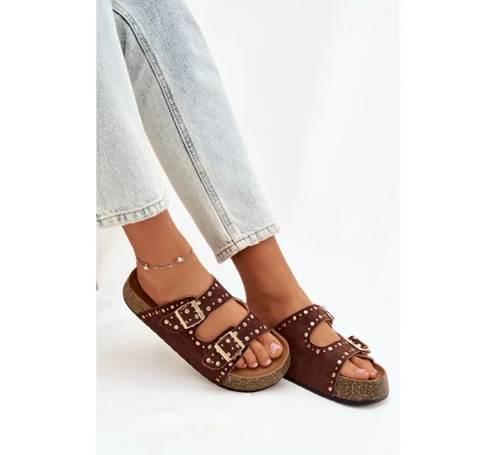 Dámské pantofle s zlatými sponami a knoflíky hnědé Tervina