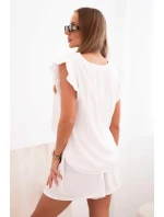 Dámský komplet z viskózy, blůza s volánky a krátké šortky bílý Dámský komplet z viskózy, blůza s volánky a krátké šortky bílý