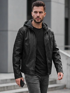 Pánská kožená zateplená bunda s kapucí, černá, FashionStreet TX5143
