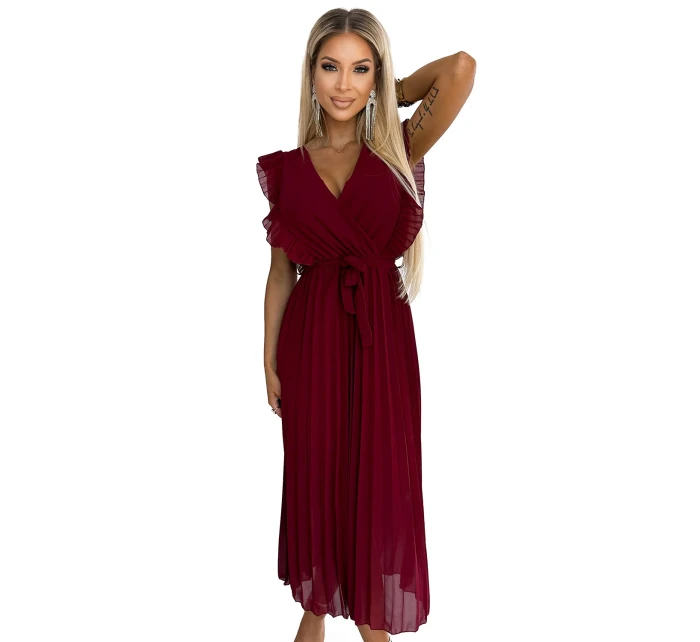 Plisované dámské šaty v vínové barvě s výstřihem a páskem model 21819820 - numoco basic