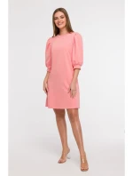 B291 Šaty áčkového střihu s pouzdrovými rukávy - korálová barva