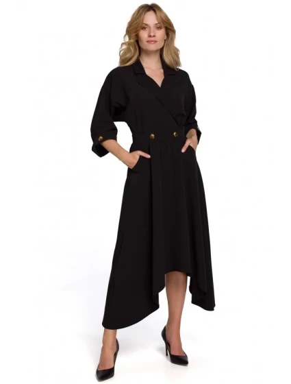 K086 Šaty v délce midi s ozdobnými knoflíky - černé K086 Šaty v délce midi s ozdobnými knoflíky - černé
