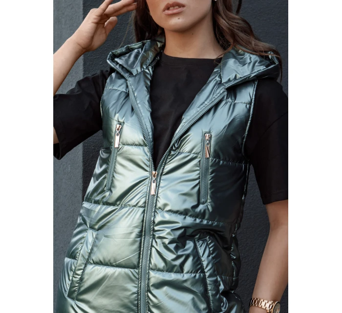 Dámská prošívaná vesta s kapucí dlouhá MERIS tmavě zelená FashionStreet TY4425