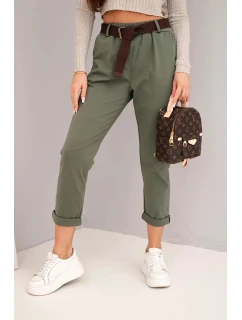 Dámské bavlněné kalhoty s páskem a ohrnutým lemem khaki