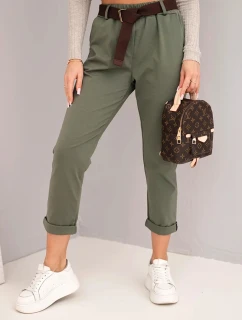 Dámské bavlněné kalhoty s páskem a ohrnutým lemem khaki