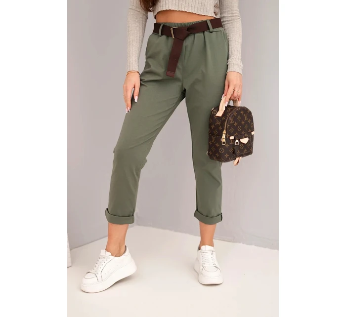 Dámské bavlněné kalhoty s páskem a ohrnutým lemem khaki