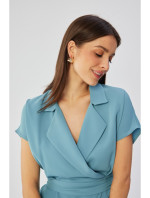 S363 Košilové šaty s páskem na zavázání - blankytně modré