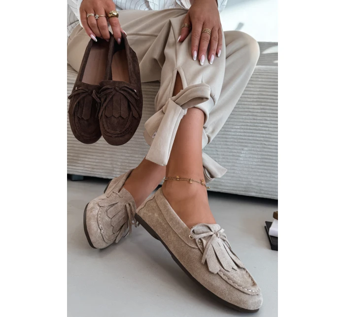 Dámské mokasíny s šněrováním a třásněmi Béžové Glorina