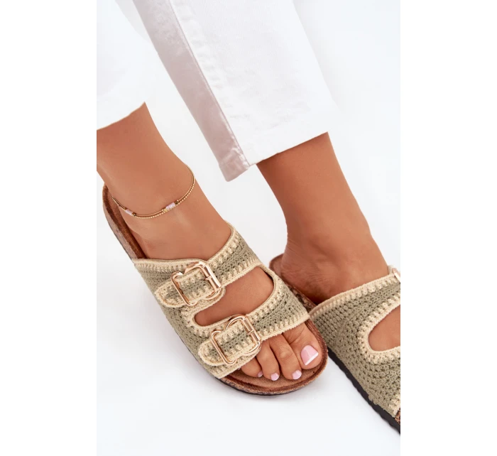 Dámské háčkované pantofle se zlatými přezkami – zelené Fenira