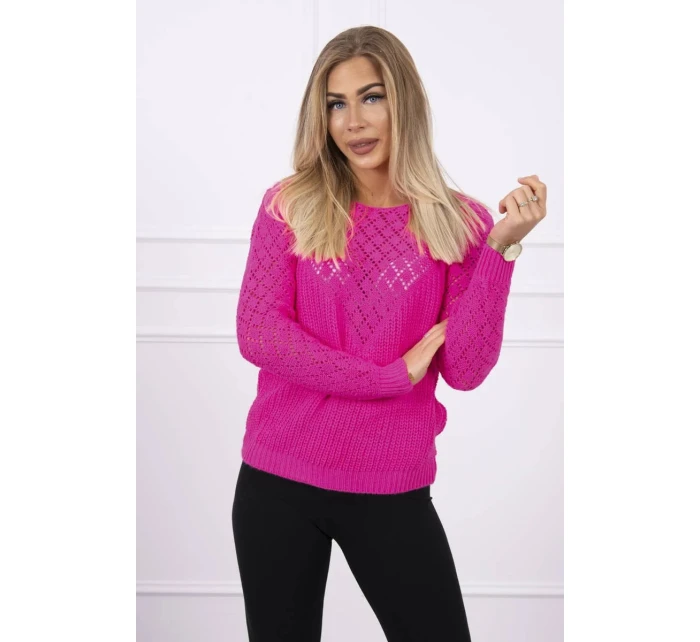 Dámský svetr s ažurovým zdobením neonově růžový - Kesi Dámský svetr s ažurovým zdobením neonově růžový - Kesi