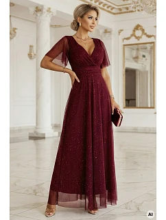 635-5 MELANIA dlouhé lesklé šaty s výstřihem a krátkými rukávy - vínové