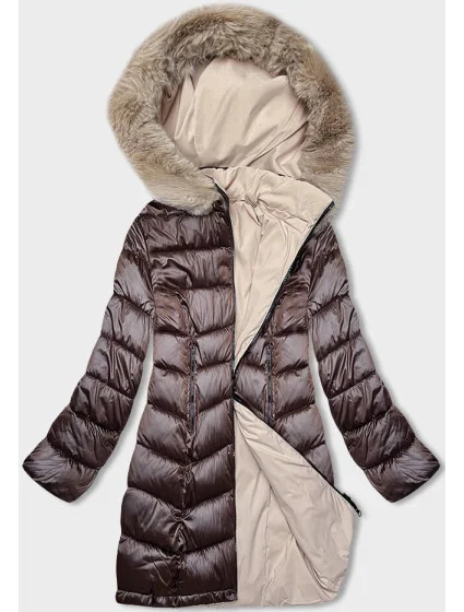 Hnědo-béžová dámská zimní oboustranná bunda s kapucí (B8202-14046) Hnědo-béžová dámská zimní oboustranná bunda s kapucí (B8202-14046)
