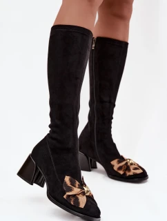 Dámské kozačky na klínku s ozdobnou mašlí model 21718438 Černé - D&A