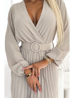 VIVIANA - Béžové dámské midi šaty s výstřihem, dlouhými rukávy a širokým opaskem 504-2