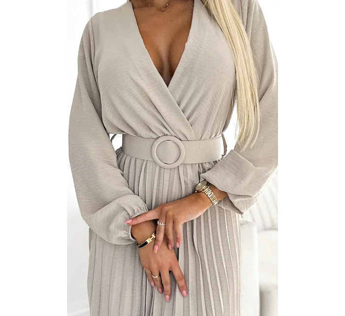 Béžové dámské midi šaty s výstřihem, dlouhými rukávy a širokým opaskem model 19012562 - numoco basic Béžové dámské midi šaty s výstřihem, dlouhými rukávy a širokým opaskem model 19012562 - numoco basic