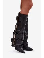 Dámské kozačky na podpatku s lemem a zlatými Černé model 21708830 - Boto Dámské kozačky na podpatku s lemem a zlatými Černé model 21708830 - Boto