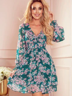 410-2 MONICA šifonové šaty s vázaným výstřihem - RŮŽOVÉ KVĚTY NA ZELENÉM PODKLADĚ