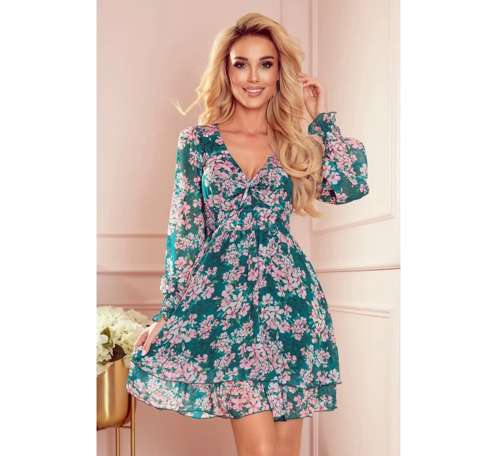 410-2 MONICA šifonové šaty s vázaným výstřihem - RŮŽOVÉ KVĚTY NA ZELENÉM PODKLADĚ