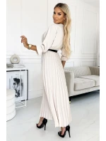 462-1 SERENA Plisované maxi šaty s výstřihem, páskem a 3/4 rukávy - BEACH
