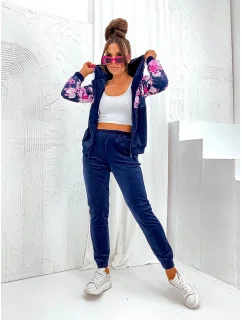 Welurowy komplet damski w róże granatowy (8210)