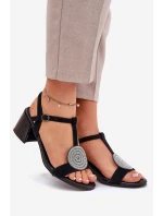 Kožené Sandály Na Podpatku S Ozdobou D&A JC51-842 Černé