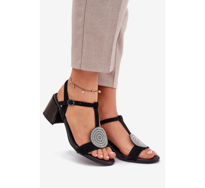 Kožené Sandály Na Podpatku S Ozdobou D&A JC51-842 Černé