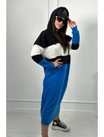 Trikolorní šaty s kapucí Černá + ecru + chrpa